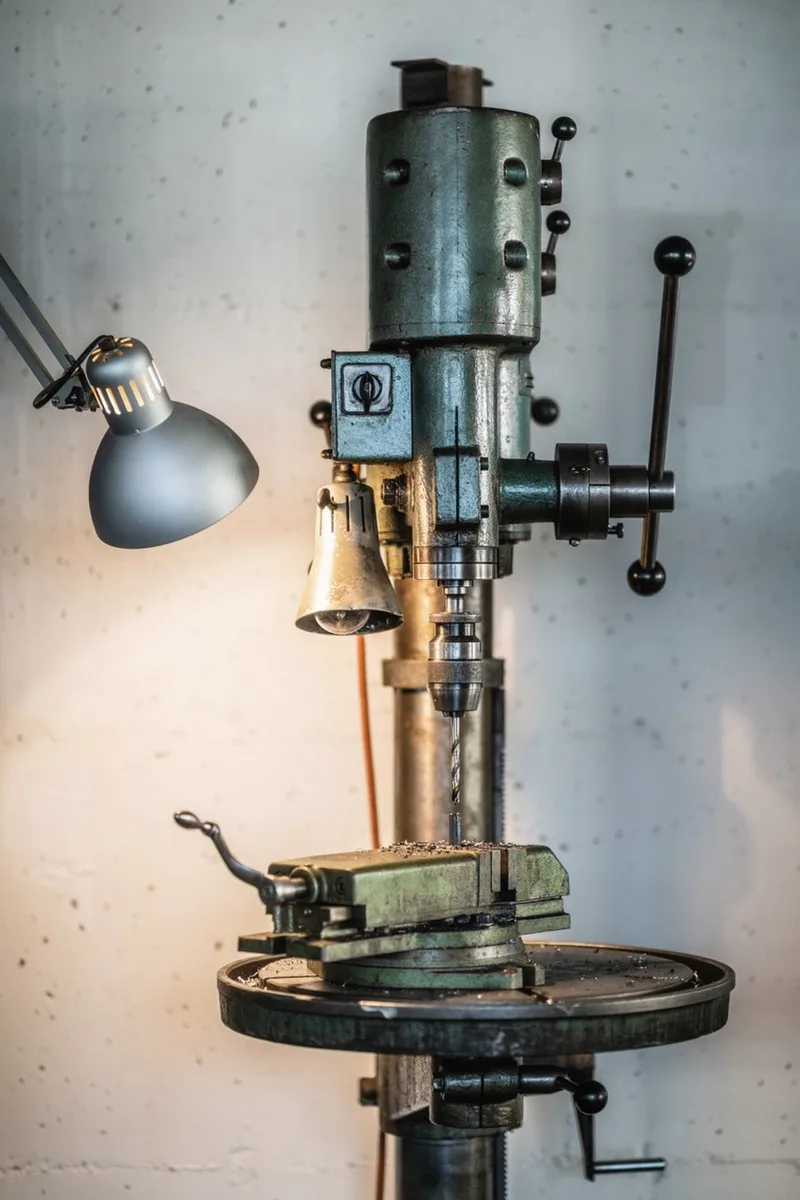 Ältere Standbohrmaschine mit schwenkbarer Arbeitslampe und rundem Bohrtisch