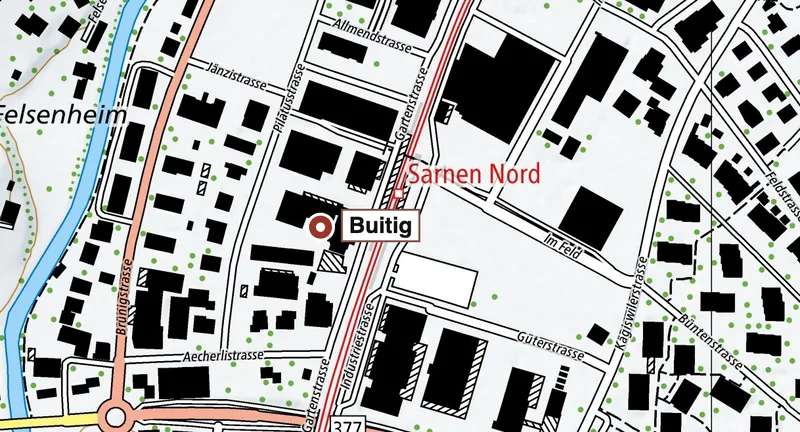 Kartenausschnitt von Sarnen Nord, die Buitig an der Pilatusstrasse 10 ist markiert